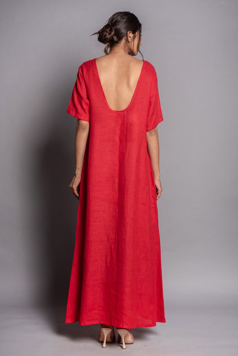 Linen Red Dress, Cocktail Dress, Linen Dress for Women, Linen Maxi Dress, Short Sleeves,Summer Dress Loose,Linen Spring Kaftan Dress